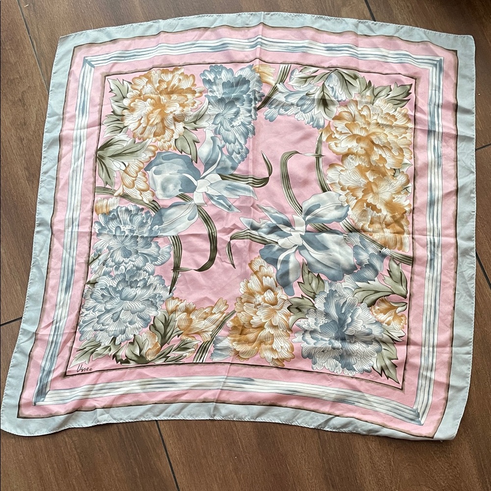 Vana vintage sage, pink, and blue peony floral silky scarf